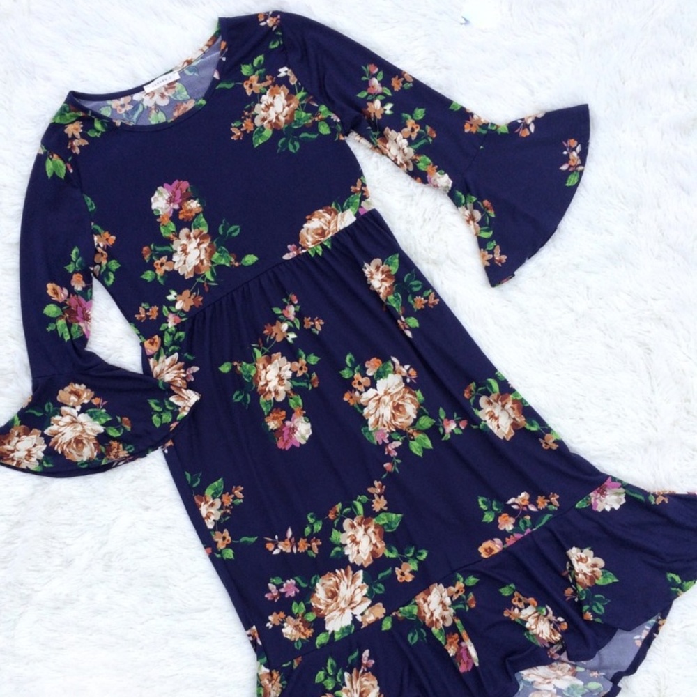 HP 4/24 CLEARANCE! Midi Dress Navy Floral Ruffles - Picture 3 of 6